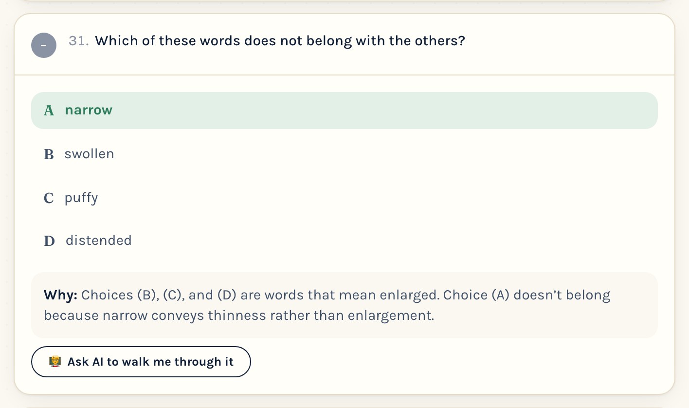 HSPT practice question review: correct answer highlighted with a written explanation